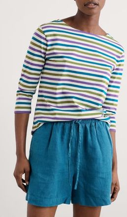 Seasalt Cornwall Sailor Stripe Three Quarter Sleeve Organic Cotton T-Shirt in Tri Mini Cornish Pansy at Nordstrom, Size 16 Us