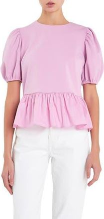 English Factory Mixed Media Puff Sleeve Peplum Top in Lavender at Nordstrom Rack, Size X-Small