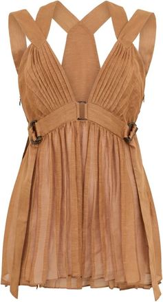Alberta Ferretti Tops, Dames, Beige, M, Linnen, Top met V-hals en plooien