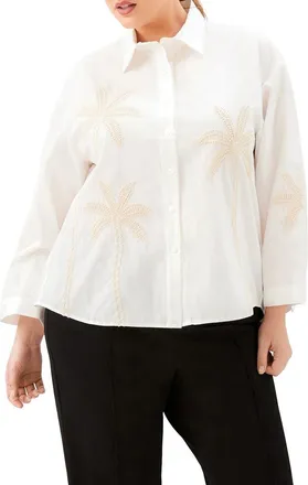 Karen Kane Embroidered Palm Tree Cotton Button-Up Shirt in Off White at Nordstrom, Size 0X