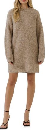 English Factory Cozy Crewneck Long Sleeve Sweater Dress in Taupe at Nordstrom, Size Large