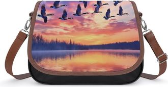 Generic Geese Flying over The Lake Sunset Crossbody Bags for Women Fashion Leather Shoulder Handbags With Adjustable Strap