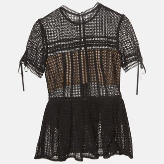 Self Portrait Black Cotton Blend Peplum Blouse