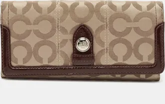 Coach Beige/brown Signature Canvas And Patent Leather Flap Continental Wallet