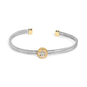 House of Brilliance 18K Yellow Gold Plated Silver Diamond Accent and Fleur Di Lis Medallion Bangle at Nordstrom