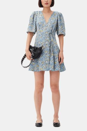 Ganni Blue Floral Printed Crinkled Satin Mini Wrap Dress - Size 40