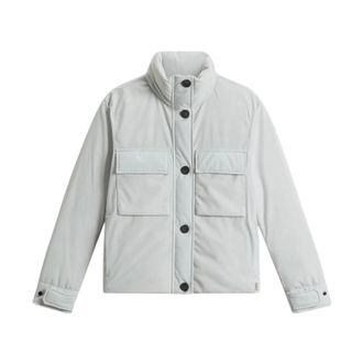 Woolrich Jassen, Dames, Grijs, L, Cloud Jas met opstaande kraag en opvouwbare capuchon