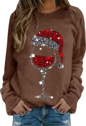 Generic Womens Christmas Jumpers Stylish Xmas Wine Glass Print Tops Casual Long Sleeve Pullover Funny Christmas Jumper Loose Fit Round Neck Lightweight Sweats