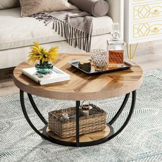 Tribesigns 31.7 Round Coffee Table, Industrial 2-Tier Circle Coffee Table with Storage Shelves, Modern Wooden Accent Center Table Sofa Side Table for Living