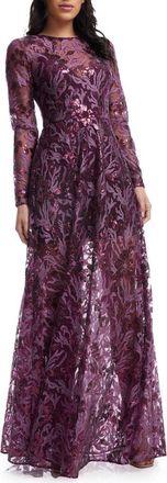 Dress The Population Ava Sequin Floral Long Sleeve A-Line Gown in Deep Plum Multi at Nordstrom, Size Large