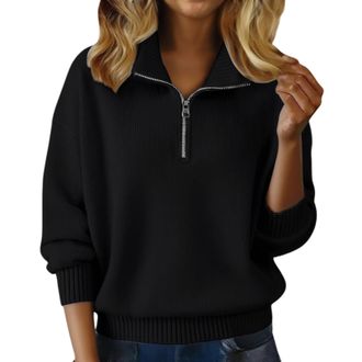Generic Black V Neck School Jumper Cosy Jumpers Women UK Half Zip Polo V Neck Cozy Knit Sweaters Wool Cashmere Sweatshirt Thermal Warm Tunic Ladies Fleece Top