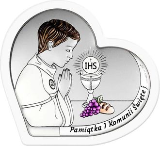 OEM Cuadro Plateado Para Ni&ntilde;o, Recuerdo De Primera Comuni&oacute;n, Colorido, En Marco Blanco, Coraz&oacute;n Con Grabado 6800-owc 13,5 X 12 Cm