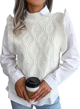 Feoya Women Sleeveless Pullover Y2k Sweater Vest Preppy Style V Neck Crop Knitwear Cable Knit Sweater Vests Tops for Autumn Spring C1 L