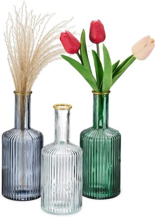 OEM Jarr&oacute;n Decorativo De Cristal, Juego De 3, Decoraci&oacute;n Del Hogar, Alto X Di&aacute;metro: 20,5 X 8 Cm, Botellas, Con Ranuras, Colorido