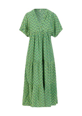 TOM TAILOR Damen Wickelkleid Mit Muster – Regular Fit, Viskose, Mit Gürtel, V-Ausschnitt, Kurze Ärmel