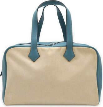 Herm&egrave;s Beige Blue Jean Toile H Taurillon Clemence Leather Boston Bag (Pre-Owned)