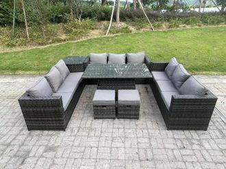 Fimous 11 Seater Outdoor Rattan Sofa Set Lounge Adjustable Side Tables Chairs Footstool in Dark Grey