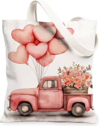 Generic Heart Balloon Canvas Tote Bags, Floral Vintage Truck Reusable Grocery Bags, Spring Chic Lightweight Washable Shoulder Strap, Peach, 13x15 Inch