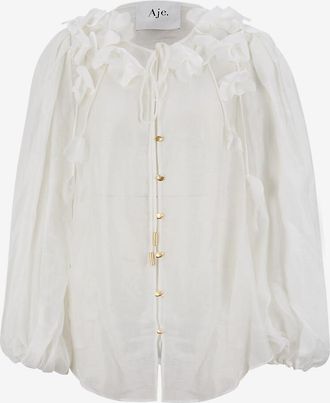 Aje Blusenbluse mit Puff&auml;rmeln und Bindeausschnitt Camille