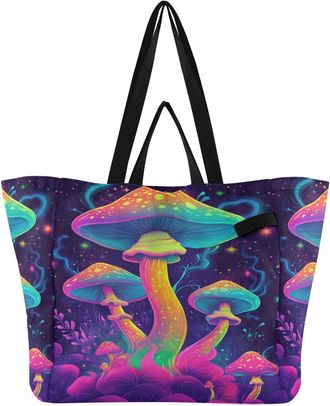 Generic Mushroom Stars Pink print Reusable Canvas Tote Bag, Heavy Duty Grocery Shopping Bag with Hard Bottom Large Capacity Double Handles Work Groceries Trav