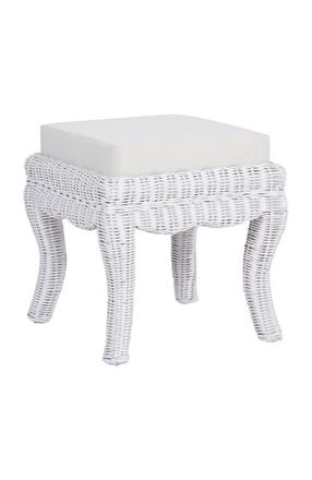 Jonathan Y Designs Rowan 19.7 Bohemian Designer Woven Rattan/Wood Ottoman Vanity Stool, White Cushion Seat in White Distressed at Nordstrom