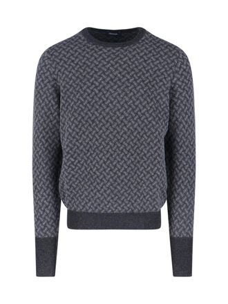 Drumohr Textured Cashmere Sweater with Jacquard Pattern and Contrasting Ribbed Trim