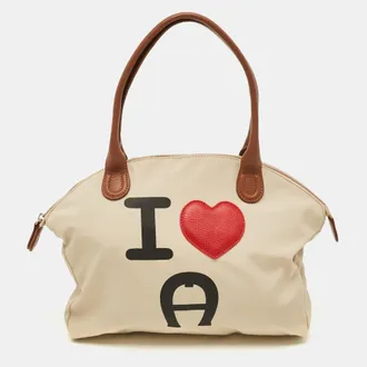 Aigner I Love A Beige/brown Nylon Zip Satchel
