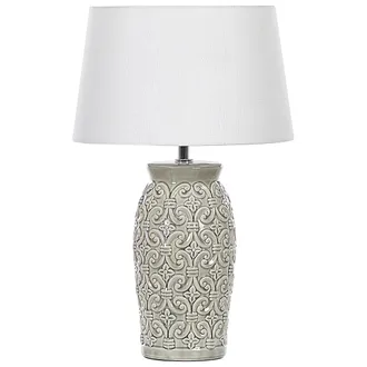 Beliani L&aacute;mpara De Mesa De Cer&aacute;mica Gris Pantalla Blanco 48 Cm Patr&oacute;n Geom&eacute;trico Ornamental Sala De Estar Dormitorio Khoper
