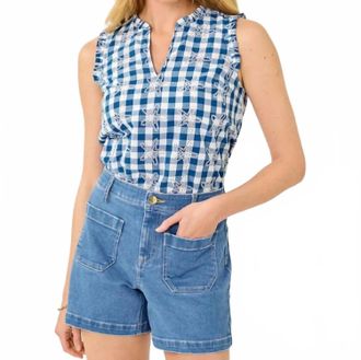 Lilly Pulitzer Kavalla Sleeveless Ruffle Top In Starlight Navy Starfishing Embroidered Gingham