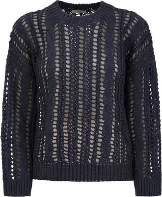 Brunello Cucinelli Kabel Mesh Jute en Katoen Jersey - Dames - Ronde hals truien - Blauw - M - Katoen - Truien & Vesten