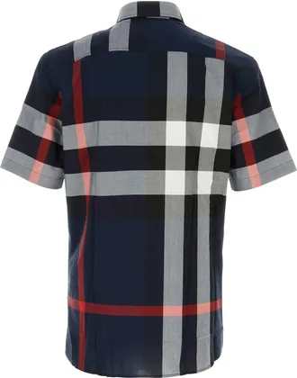 Burberry Mens Embroidered Check Poplin Shirt Navy Cotton