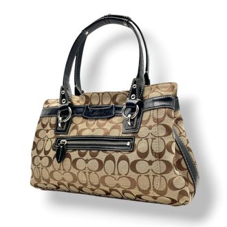 Coach Beige Black Canvas Leather Handbag Tote Bag (Pre-Owned)