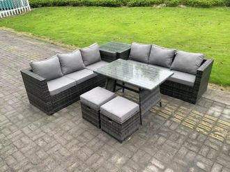 Fimous 8 Seater Wicker PE Rattan Garden Dining Set Outdoor Furniture Sofa with Side Table Dining Table Stools in Dark Grey