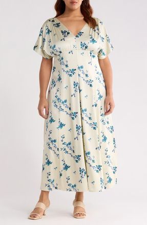 Chelsea28 Seamed Satin Maxi Dress in Green- Teal Faint Floral at Nordstrom, Size 3X