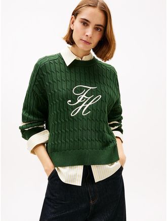 Tommy Hilfiger Womens Embroidered Logo Cable Knit Sweater - Green - XL