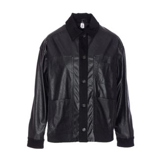 Liu Jo Jassen, Dames, Zwart, XS, Denim, Zwarte Denim Jas met Faux-Leren Details