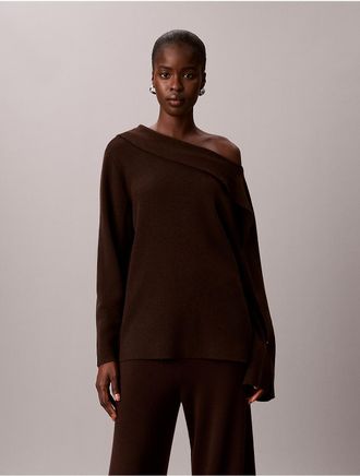 Calvin Klein Womens Asymmetrical Drape Neck Sweater - Brown - XS