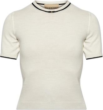 Valentino Garavani Wollen Top met Halslijnversiering - Dames - Ronde hals truien - Beige - L - Wol - Truien & Vesten