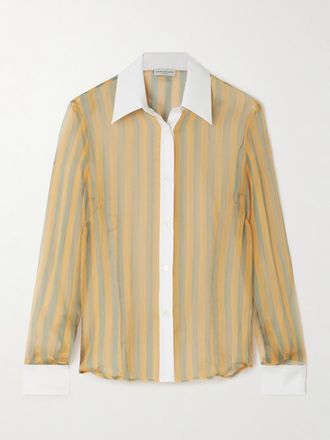 Dries Van Noten Camicia In Chiffon Di Seta Increspato A Righe Con Finiture In Popeline - Arancione