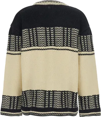 Low Classic Womens Crew Neck Sweater With All-Over Intarsia White-Black Wool Tops White/black Top
