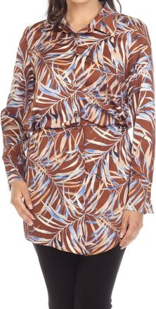 Joseph Ribkoff Leaf Print Elastic Waist Long Sleeve Button-Down Blouse In Brown/multi