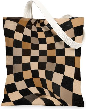 Generic Modern Checkered Canvas Tote Bags, Artistic Geometric Pattern Reusable Grocery Bags, Versatile Lightweight Washable Shoulde, Beige, 13x15 Inch