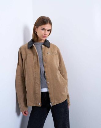 Topshop Giacca barn color cuoio con zip e colletto in similpelle PU a contrasto-Marrone