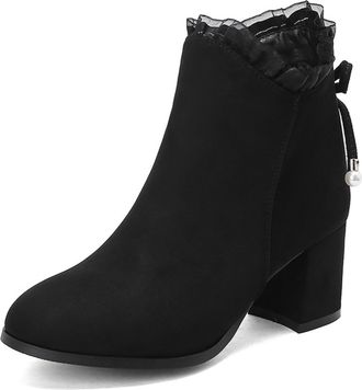 Generic Womens Suede Ankle Boots Round Toe Chunky Block Heels Ruffled Lace Trim Comfortable Non-Slip Wear-Resistant for Daily Casual Date Coffee Shop,Black,2.