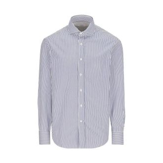Brunello Cucinelli MenS White Blue Striped Button-Up Shirt, Size XL