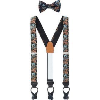 Trafalgar Store Birds of Prosperity Silk Button End Suspenders (Braces) and Bow Tie Set in Black at Nordstrom
