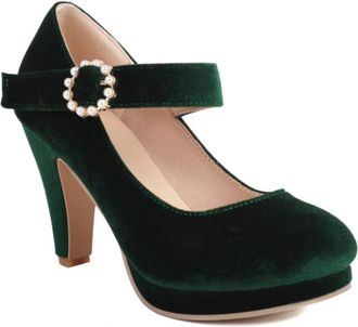 Generic Womens Pearls Buckle Wedding Heels Chunky Heel Ankle Strap Pumps Formal Evening Party Shoes,Green,6.5 UK