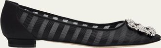 Manolo Blahnik Hangisla Striped Organza Jewel-Buckle Flats