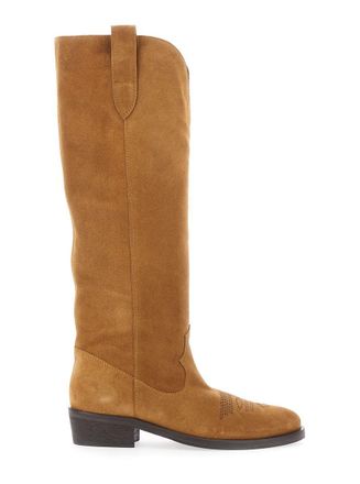 Via Roma 15 Brown Boots With Almond Toe And Low Block Heel In Suede Woman