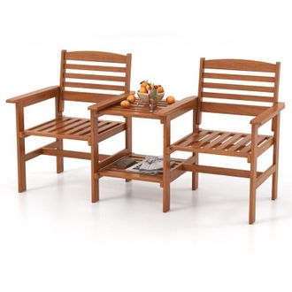 Costway Set Tavolo e Sedie da Giardino con Foro per Ombrellone, Set di Mobili a 2 Posti in Legno, Tavolo e Sedia da Bistro, Tavolino Portata 35 kg, Sedia